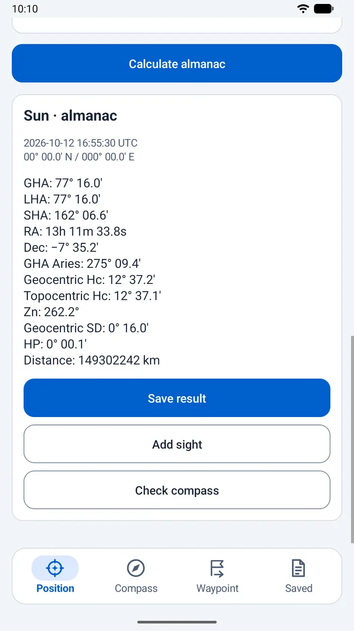 The Sun in the offline almanac, with transfer to a sight or compass check.