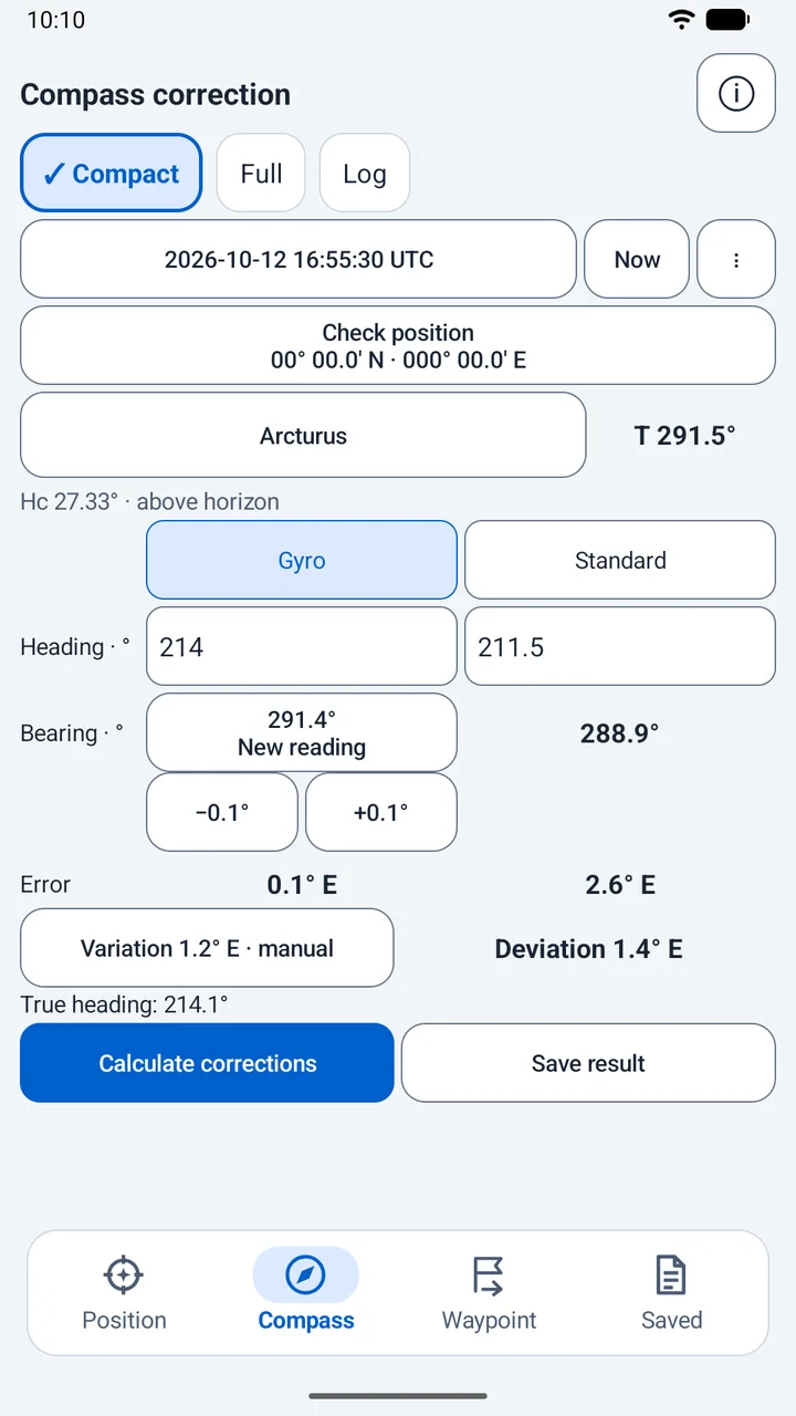 Celestial compass correction with gyro and standard-compass errors and deviation.