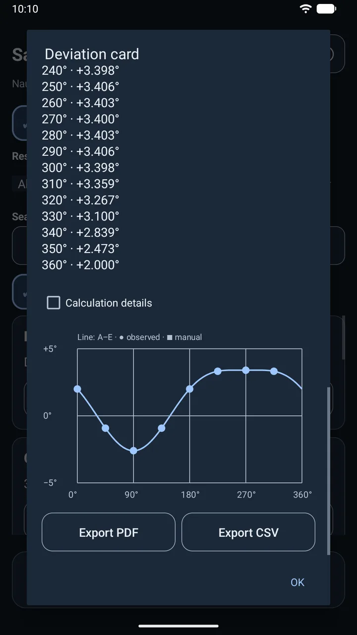 A deviation curve fitted to demonstration points, with PDF and CSV export.