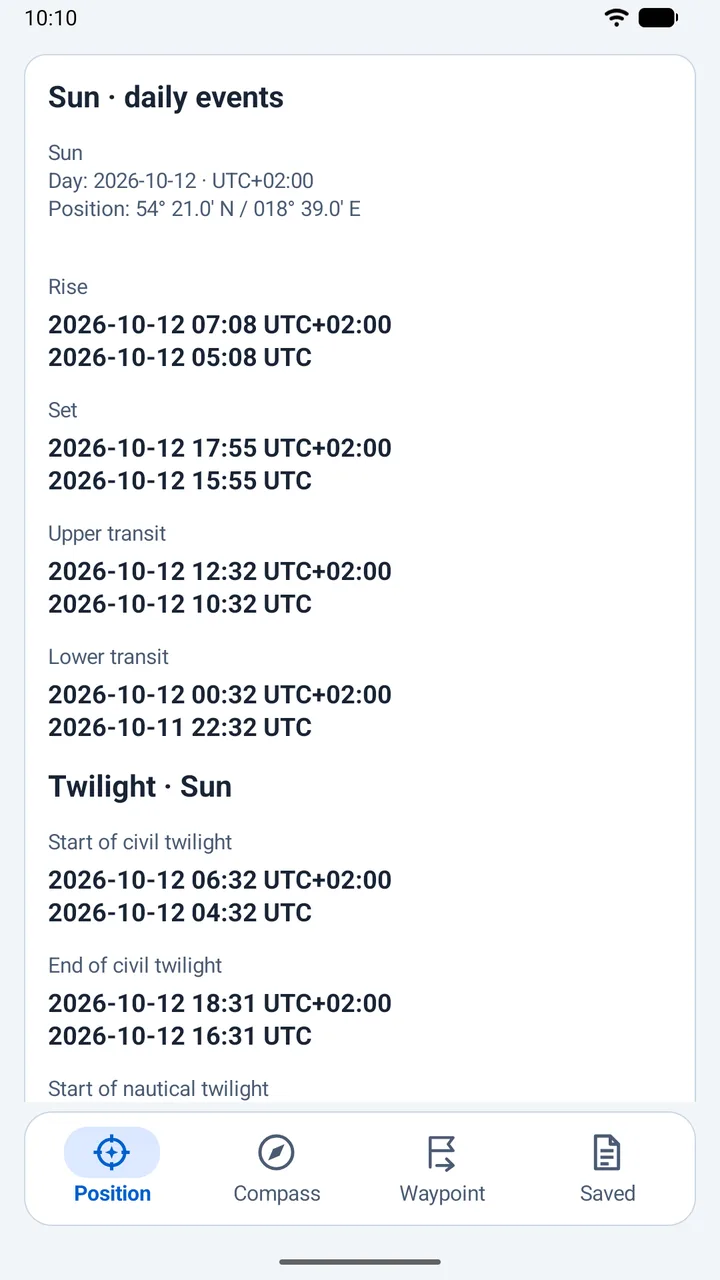 Rise, set, transit and twilight, with both local time and UTC.