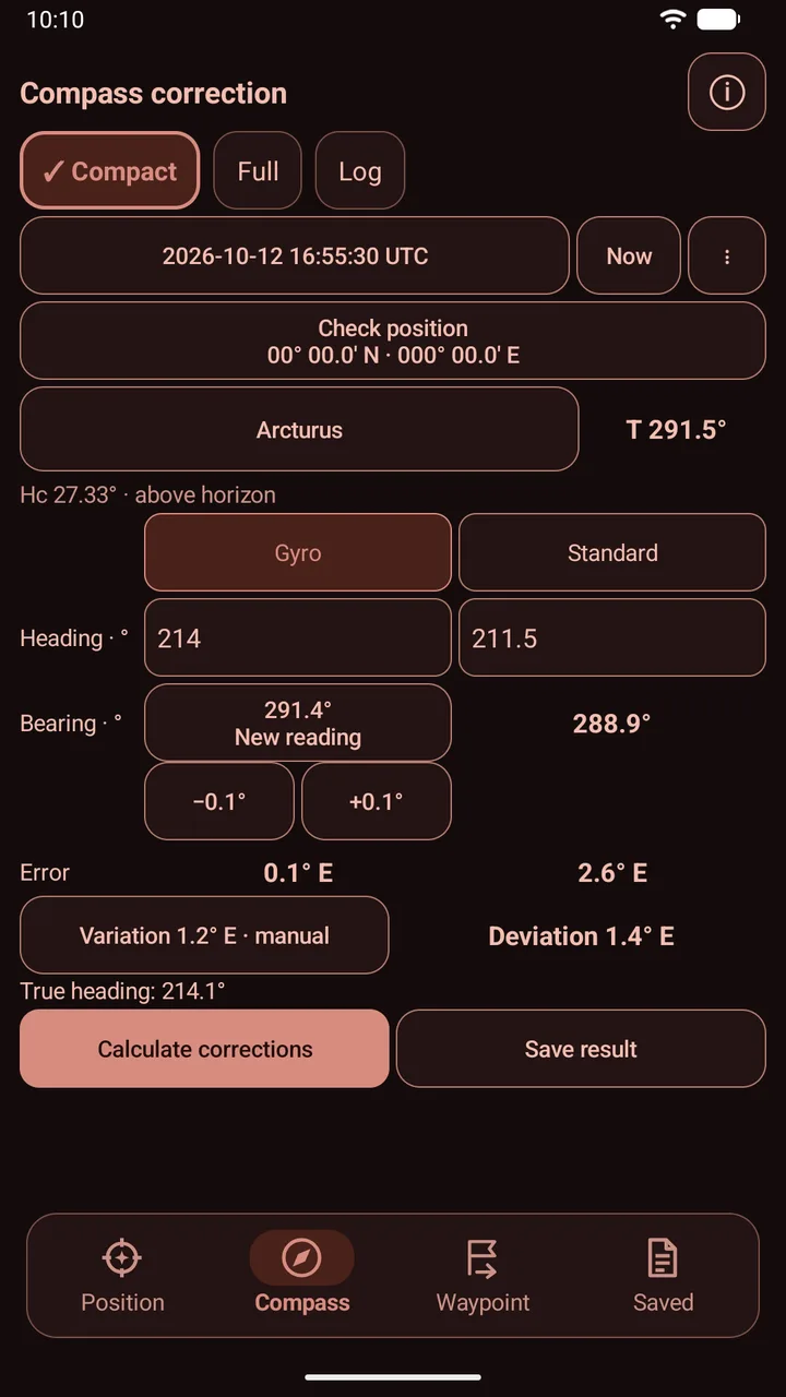The compact compass layout in the red night theme.