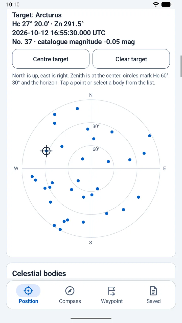 Arcturus selected on the sky chart, with its calculated altitude, azimuth and UTC.