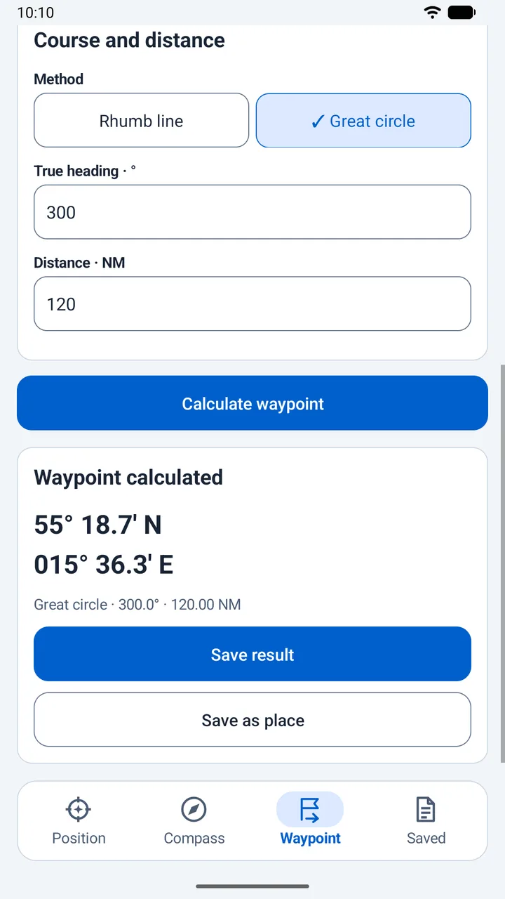 A calculated great-circle waypoint from a course and distance.