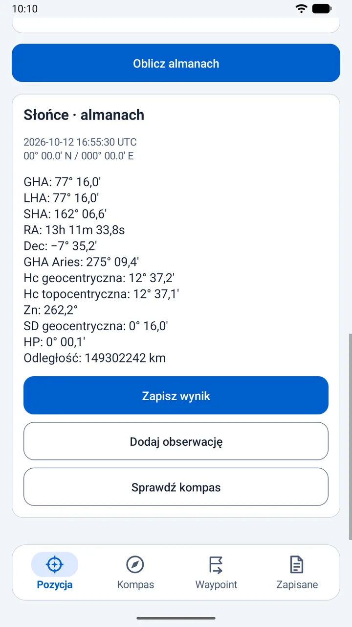 Słońce w almanachu offline, z przekazaniem danych do obserwacji lub kontroli kompasu.