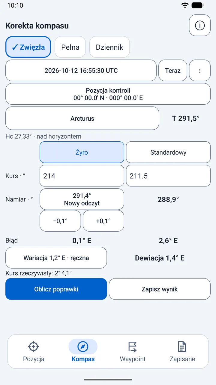 Astronomiczna korekta kompasu z błędami żyrokompasu i kompasu standardowego oraz dewiacją.