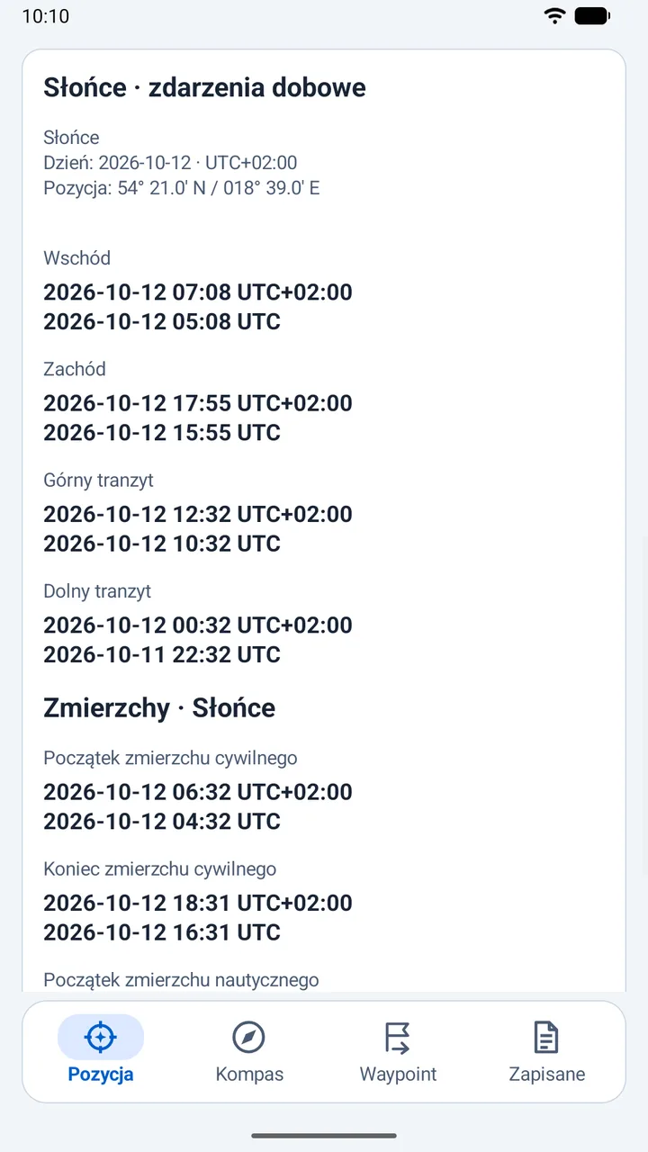 Wschód, zachód, tranzyt i zmierzchy, z czasem lokalnym oraz UTC.