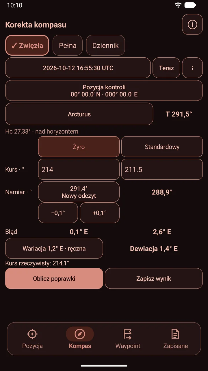Zwięzła kontrola kompasu w czerwonym trybie nocnym.