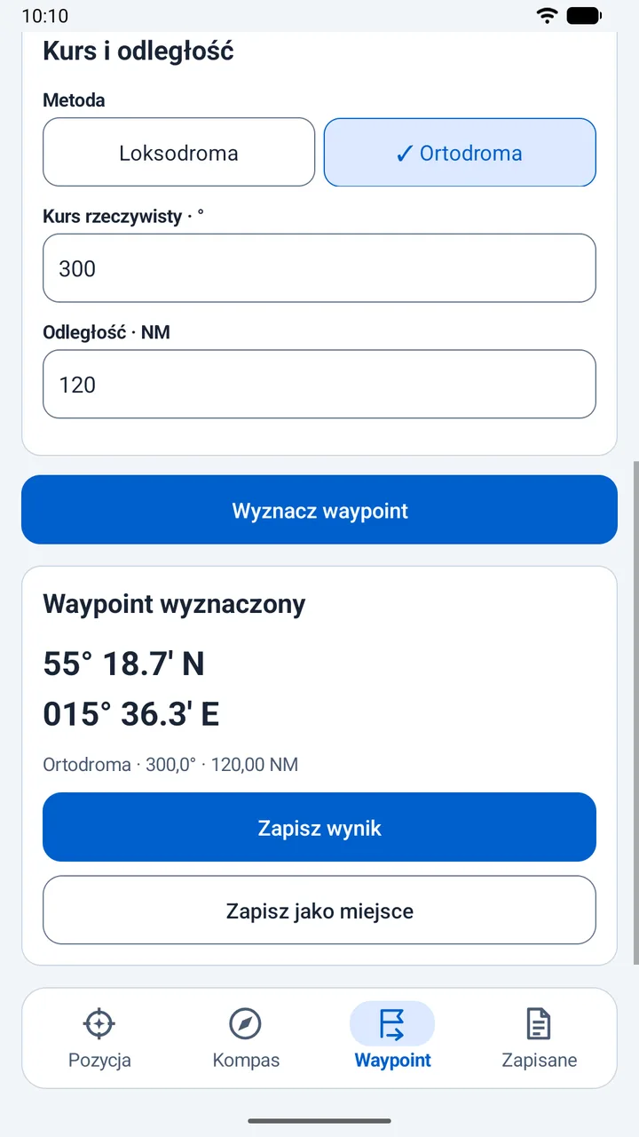Waypoint obliczony po ortodromie z kursu i odległości.